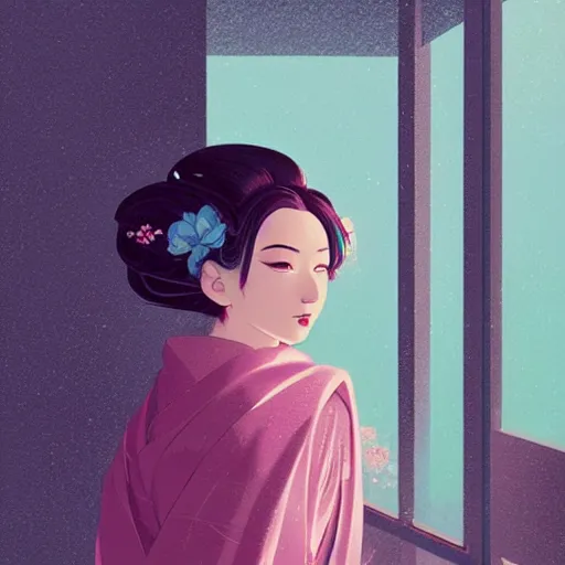 Prompt: a geisha looking longingly out the window hoping to catch a glimpse of her beloved before the storm sets in, ambient lighting, 4 k, lois van baarle, ilya kuvshinov, rossdraws