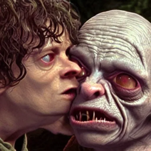 Prompt: gollum kissing frodo in lord of the rings by peter jackson, still, very photorealistic