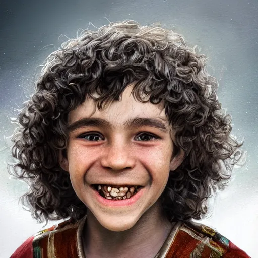 Image similar to a detailed portrait of a medieval ten year old boy smiling, he has short curly brown hair, brown eyes and white skin, fantasy art illustration, incredibly highly detailed and realistic, 8 k, sharp focus