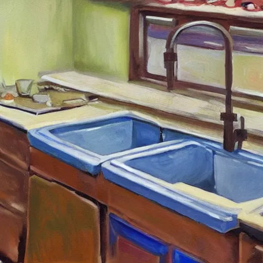 Image similar to realistic painting still of kitchen sink full of dirty dishes, angry man, high detail