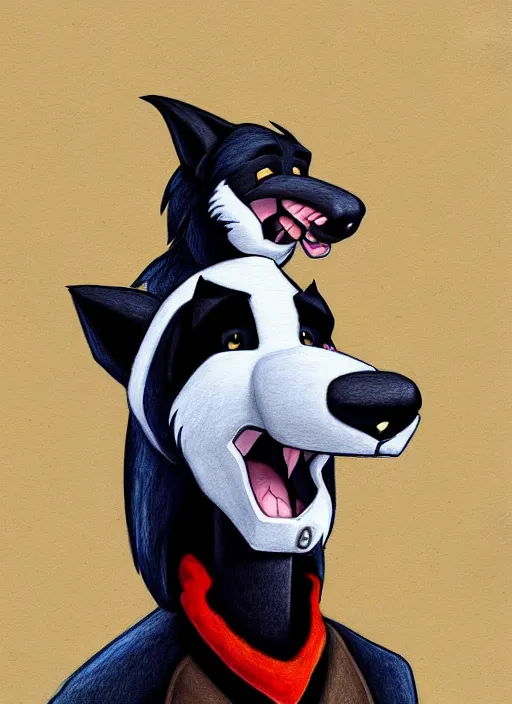 Image similar to expressive stylized master furry artist digital colored pencil painting full body portrait character study of the bear ( sergal ) small head fursona animal person wearing clothes leather bomber jacket pilot standing next to airplane by master furry artist blotch, sharp focus vintage disney animation style