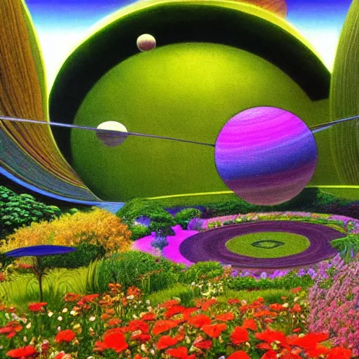 Prompt: a garden in orbit around saturn, 8 k, lowbrow, digital art, unreal engine, in the style of martin johnson heade, roger dean and john bauer,