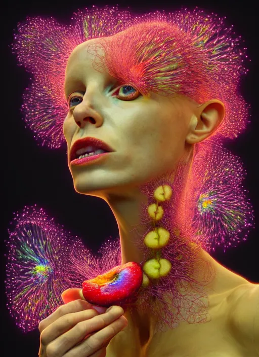 Image similar to hyper detailed 3d render like a Oil painting - Yolandi Visser seen Eating of the Strangling network of yellowcake aerochrome and milky Fruit and Her delicate Hands hold of gossamer polyp blossoms bring iridescent fungal flowers whose spores black the foolish stars by Jacek Yerka, Mariusz Lewandowski, Houdini algorithmic generative render, Abstract brush strokes, Masterpiece, Edward Hopper and James Gilleard, Zdzislaw Beksinski, Mark Ryden, Wolfgang Lettl, hints of Yayoi Kasuma, octane render, 8k