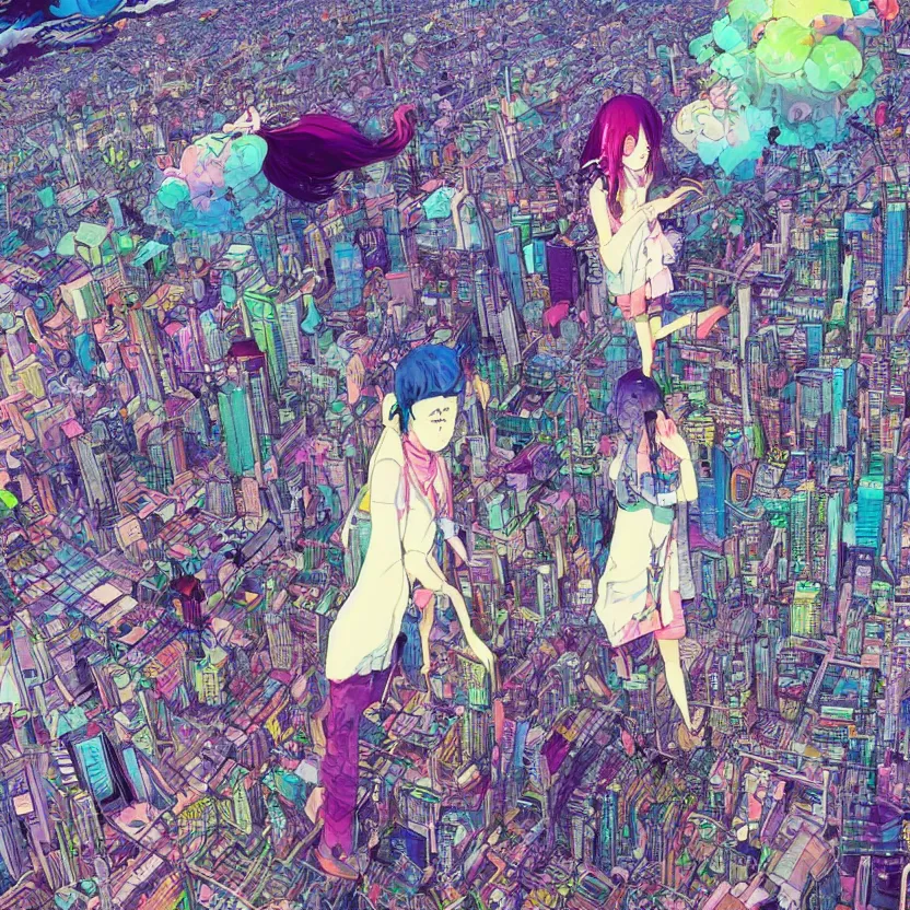 Image similar to a very detailed art of a goddess above a city by inio asano, beeple and james jean, hiroyuki takahashi color scheme, digital art