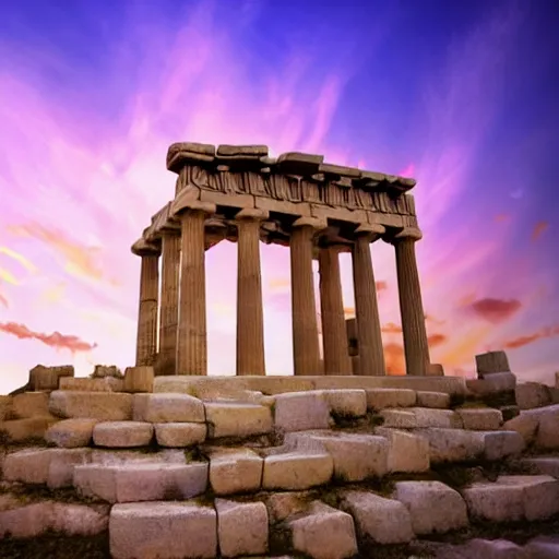 Prompt: professional photo similar to greek temple and hills level of sonic the hedgehog, by discovery magazine, pink sunset, real life, photorealistic, soft focus, long exposure