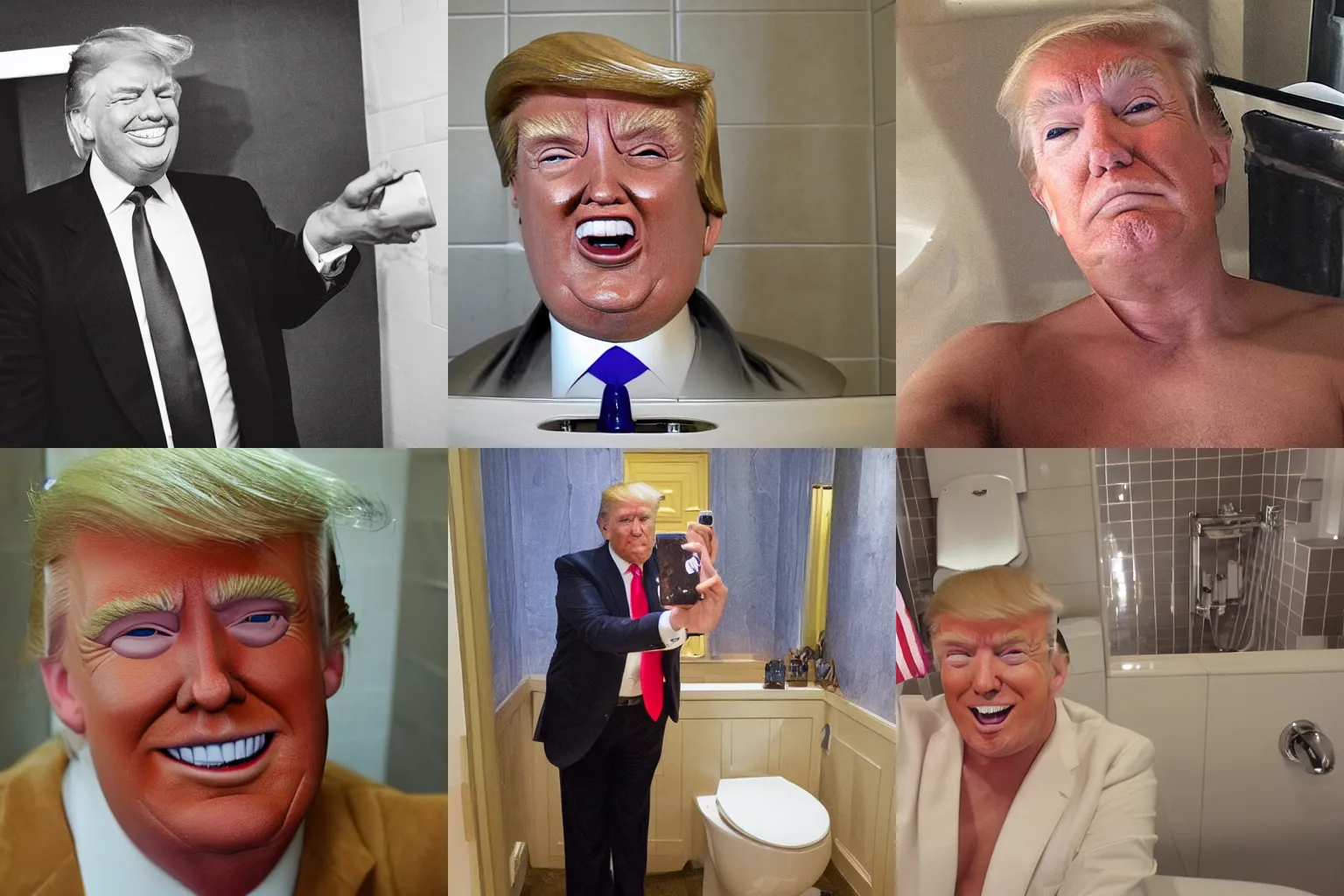 Prompt: a selfie of donald trump in his toilet, extremely happy, highly detailed skin