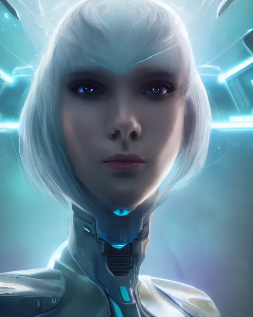 Image similar to perfect android girl on a mothership, warframe armor, beautiful face, scifi, futuristic, galaxy, nebula, raytracing, dreamy, long white hair, blue cyborg eyes, sharp focus, cinematic lighting, highly detailed, artstation, divine, by gauthier leblanc, kazuya takahashi, huifeng huang