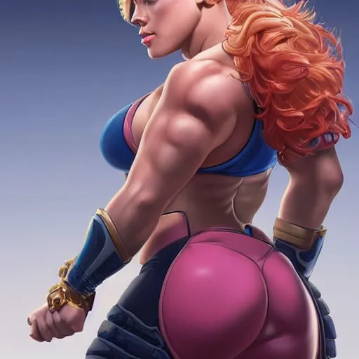 Image similar to scarlett johansson as thick muscular weightlifter zarya from overwatch, highly detailed, digital painting, artstation, sharp focus, illustration, art by tan zi and ayanamikodon, artgerm and alphonse mucha and wlop