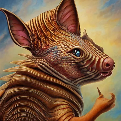 Image similar to a detailed fantasy painting of a hybrid between cat and armadillo, by lauri blank, artgerm, evelyn de morgan, 8K, 50mm lens