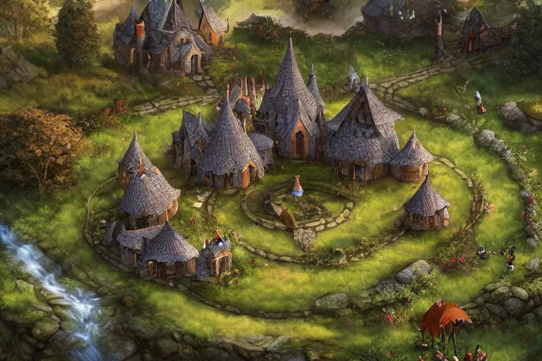 Prompt: A small elven village arranged in a circular pattern in an open field, a winding white pathwalk and a small brook running through, clear blue skies in the background, by Artgerm and Todd Shorr, D&D, high fantasy, 8k photorealistic, cinematic lighting, HD, high details, concept art, trending on artstation