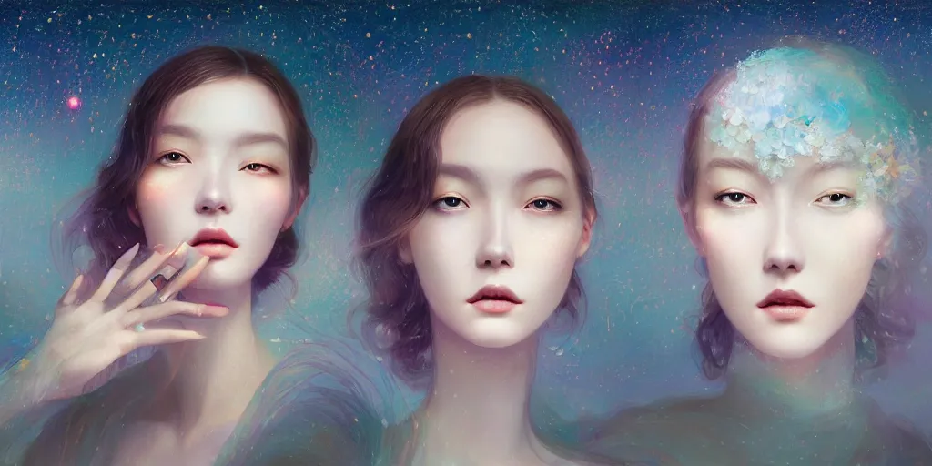 Image similar to breathtaking delicate detailed concept art painting beauty faces with starry night inside, by hsiao - ron cheng, bizarre compositions, exquisite detail, pastel colors, 8 k