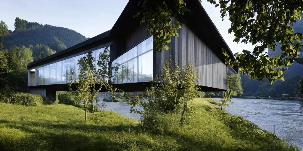 Image similar to a house by the river rhein close to mumpf designed by peter zumthor, beautiful ambient light, silver hour