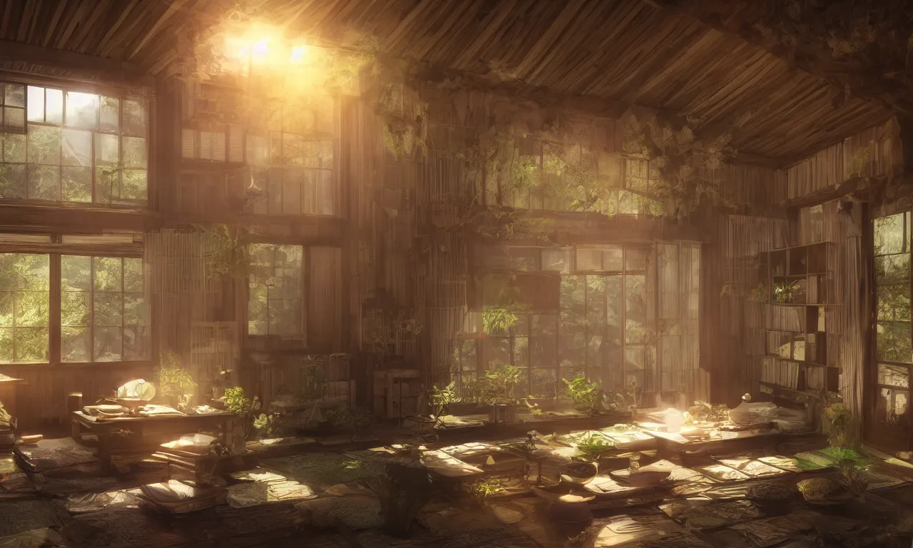 Image similar to interior view of a magical Japanese herbalist cottage, waxy candles, books, wood furnishings, light bloom, dust, ambient occlusion, rays of light coming through windows, trending on artstation