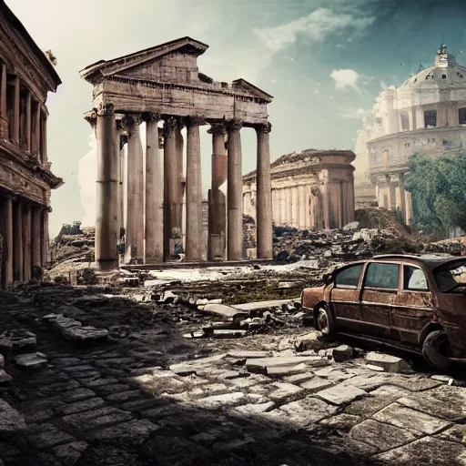 Image similar to post apocalyptic Rome,ultra wide, octane render, cinematic, hyper realistic,