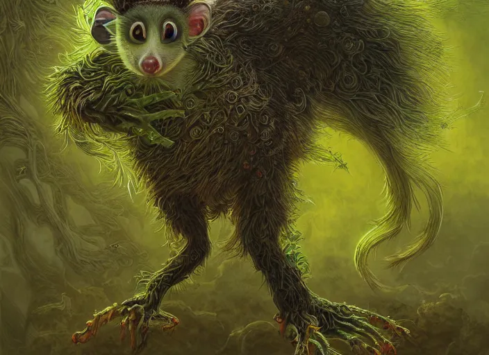 Image similar to full-body portrait of a anthro green zombie opossum fursona with long dark hair. Ruined stormy city. Glorious sun beams, intricate, elegant, highly detailed, digital painting, short focus, illustration, Allan Lee, John Howe