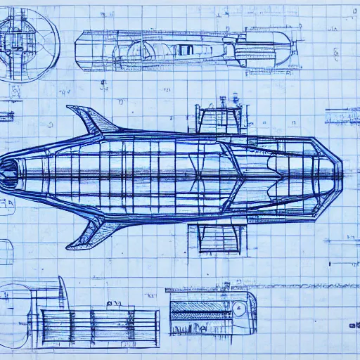 Image similar to blueprint of spaceship, technical drawing on blue paper, intricate detail, centered with clean background, studio lighting, 8 k