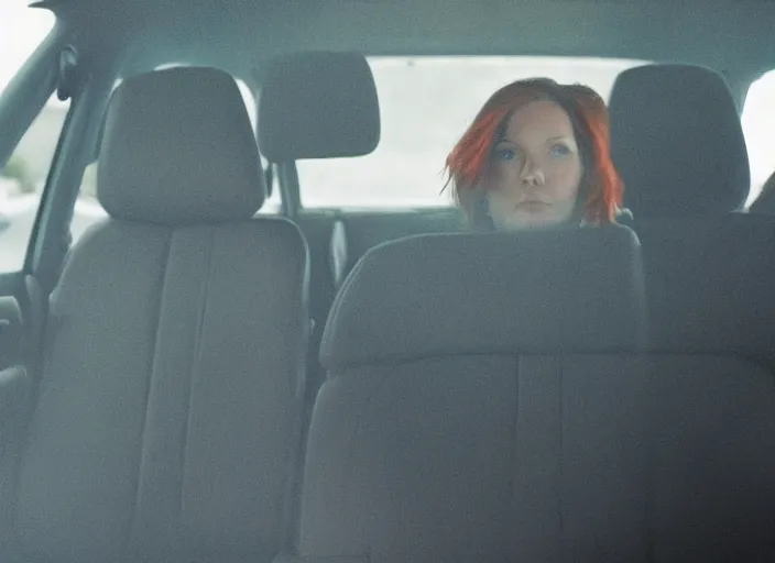 Image similar to A very high resolution image from a new movie, inside of a car, red hair woman, raining, hot, directed by wes anderson