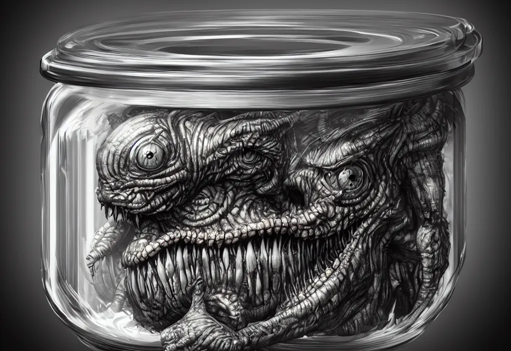 Image similar to Photorealistic miniature monster inside a jar on clean background by H.R. Giger, KDA and Sam Yang, trending on artstation