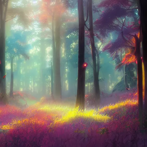 Image similar to concept art painting of a mystical colorful forest, with fog and strange colorful plants, realistic, detailed, cel shaded, in the style of makoto shinkai and greg rutkowski and james gurney