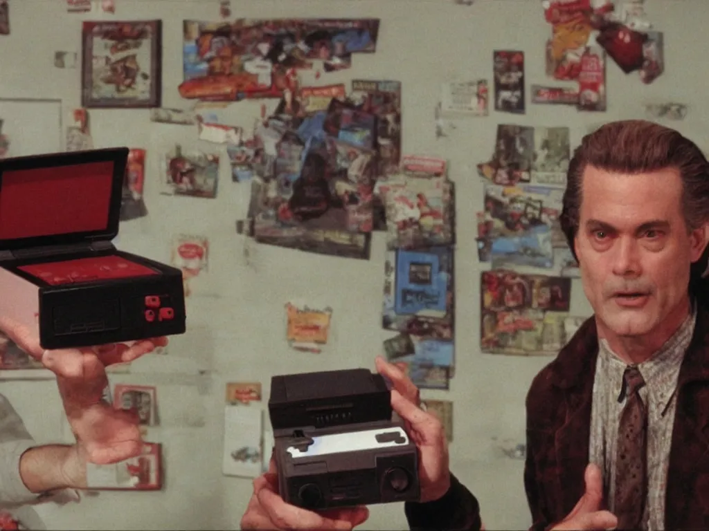 Image similar to bob from twin peaks with a nes video game console