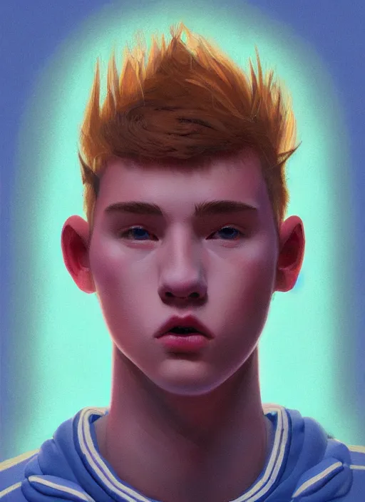 Image similar to portrait of high school senior boy named big moose, blonde short hair, jock, beefy, wide face, square jaw, square facial structure, blue varsity jacket with the word moose, intricate, elegant, glowing lights, highly detailed, digital painting, artstation, concept art, sharp focus, illustration, art by wlop, mars ravelo and greg rutkowski