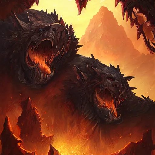 Image similar to hell cerberus, hell background, epic fantasy style, in the style of Greg Rutkowski, hearthstone artwork