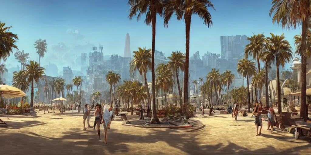 Prompt: landscape of the beautiful city of paris rebuilt near the pacific ocean in sunny california, amazing weather, sandy beach, palm trees, splendid haussmann architecture, digital painting, highly detailed, intricate, without duplication, art by craig mullins, greg rutkwowski, concept art, matte painting, trending on artstation, octane render, 8 k, unreal engine