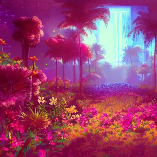 Image similar to a place full of flowers, epic retrowave art, trending on art station