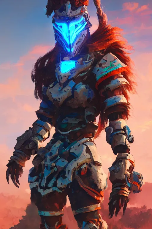 Image similar to combination suit armor aloy horizon forbidden west horizon zero dawn radiating a glowing aura global illumination ray tracing hdr fanart arstation by ian pesty and alena aenami artworks in 4 k tribal robot ninja mask helmet backpack