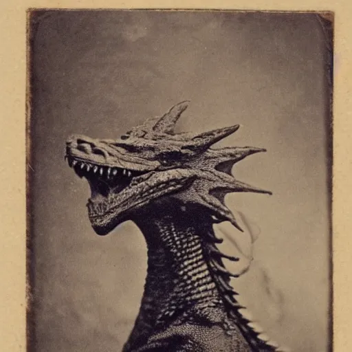 Image similar to victorian photograph of a pet dragon, highly realistic, scaly, grainy photo, very blurry, creature, faded, taken in the 1 8 8 0 s, 1 8 7 0 s, 1 8 9 0 s