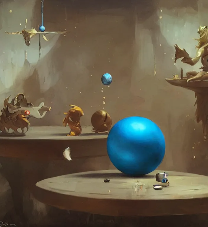 Prompt: a blue ball on a table, art by Peter Mohrbacher