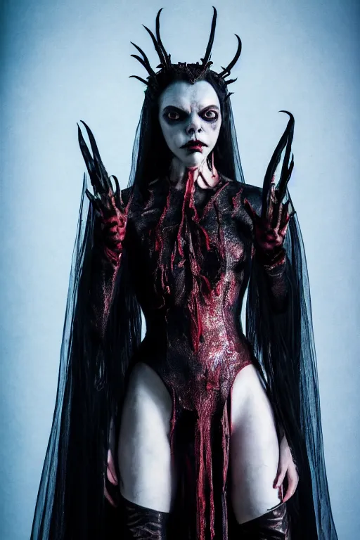 Image similar to dressed anya taylor - joy, a sinister demonic queen of cenobites, symmetrical, cinematic, elegant, demonic atmosphere, professional studio light, real dlsr photography, sharp focus, costume made by clive barker, real rotten flesh, blood and bones, 4 k, ultra hd, sense of awe