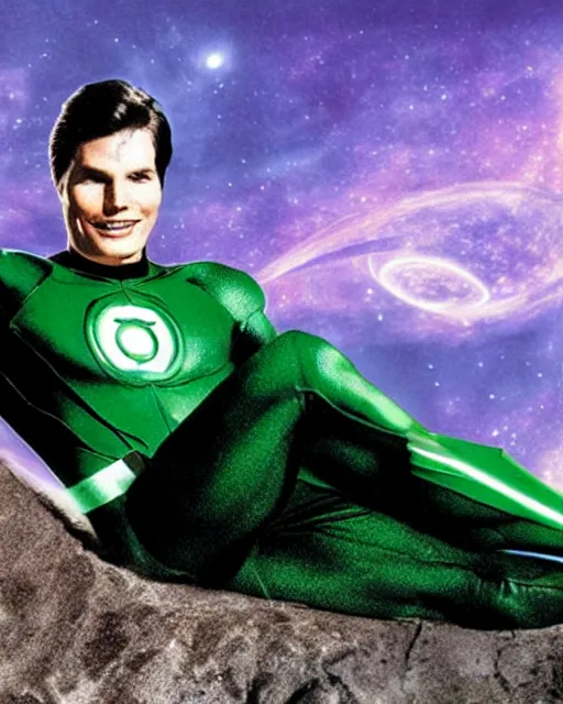 Prompt: photograph of actor Christoper Reeve dressed as a Green Lantern, lounging by an infinity pool on a mystical Alien planet with voluminous purple clouds, Sunny Day