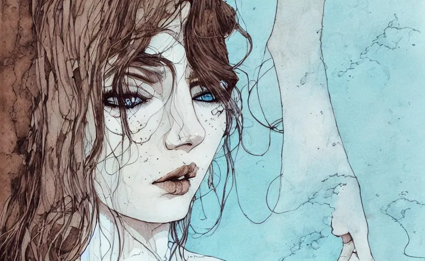 Image similar to lost city by kaethe butcher, dynamic lighting, gradient light blue, brown, blonde cream and white color scheme, grunge aesthetic