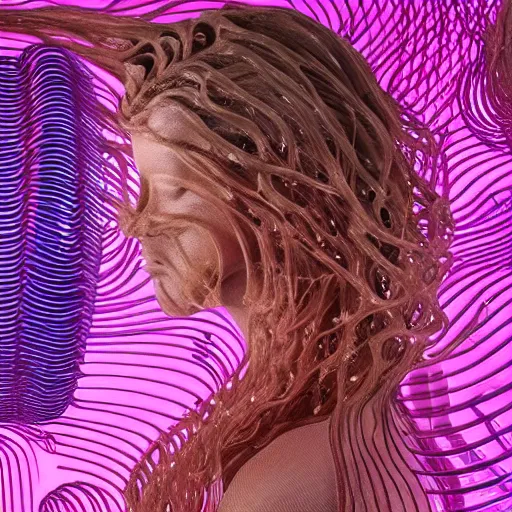 Prompt: flume and former cover art future bass girl un wrapped statue bust curls of hair petite lush side view body droplet vibrant branch futuristic fabric only skin jellyfish fungi material style of Jonathan Zawada, Thisset colours simple background objective