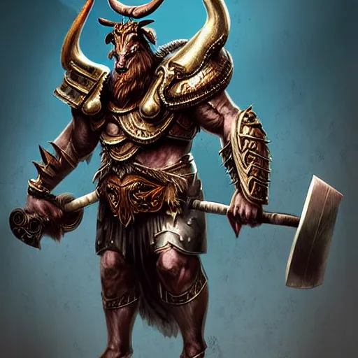 Image similar to epic bull headed minotaur beast in heavy ornate armor wielding giant axe, artwork, concept art, greek mythology, modern design, dark fantasy, digital painting, artstation, d&d