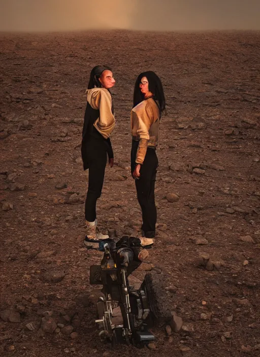 Image similar to cinestill 5 0 d photographic portrait by steve mccurry of two loving female androids wearing rugged black techwear on a desolate plain with a red sky in front of a brutalist structure, extreme closeup, cyberpunk style, dust storm, 8 k, hd, high resolution, 3 5 mm, f / 3 2, ultra realistic faces, ex machina