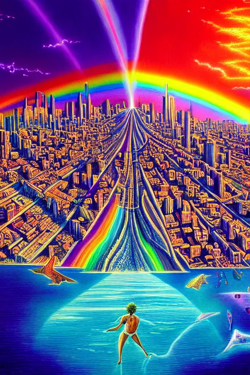 Image similar to a beautiful hyperdetailed painting of spiritual evolution city of god, rainbow retrowave fantasy, wallpaper, highly detailed, trending on artstation.
