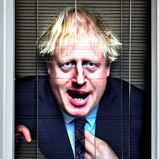 Image similar to window blinds in a house being pulled back to reveal a terrifying boris johnson with his face pressed against the window with his hand on the window and a horrifying grin. horror, black and white