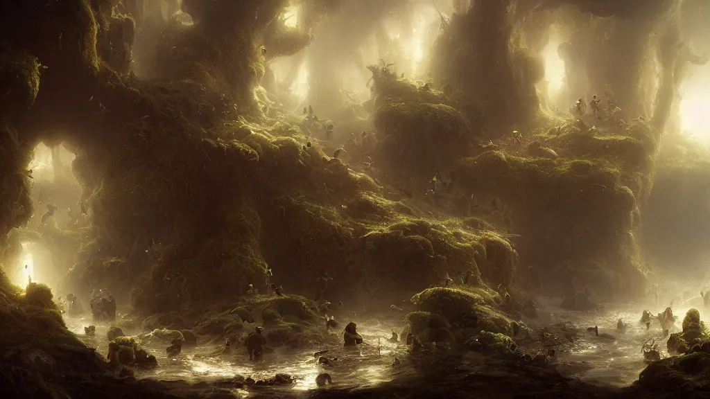 Prompt: fungus mined by the deep dwellers, andreas achenbach, artgerm, mikko lagerstedt, zack snyder, tokujin yoshioka