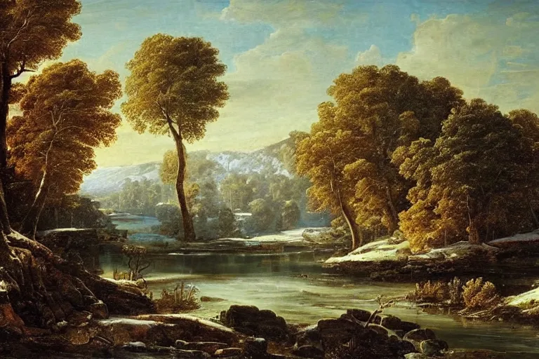 Image similar to beautiful landscape with winter river and oak trees, mythology, fantasy, landscape background, vivid colors, digital painting, very detailed, realistic, high quality, by claude lorrain