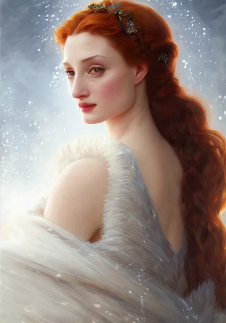 Image similar to sansa angeline jolie gessica chastain snow queen, intricate, elegant, highly detailed, digital painting, artstation, concept art, smooth, sharp focus, illustration, art by artgerm and greg rutkowski and alphonse mucha and william - adolphe bouguereau