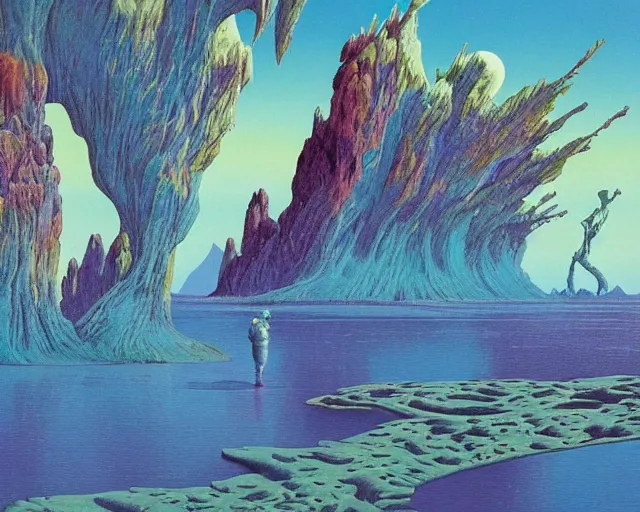 Image similar to roger dean 1 9 8 0 s art of distant mountains strange bizarre alien planet surface lakes reflective clear blue water, rainbow in sky, imagery, illustration art, album art