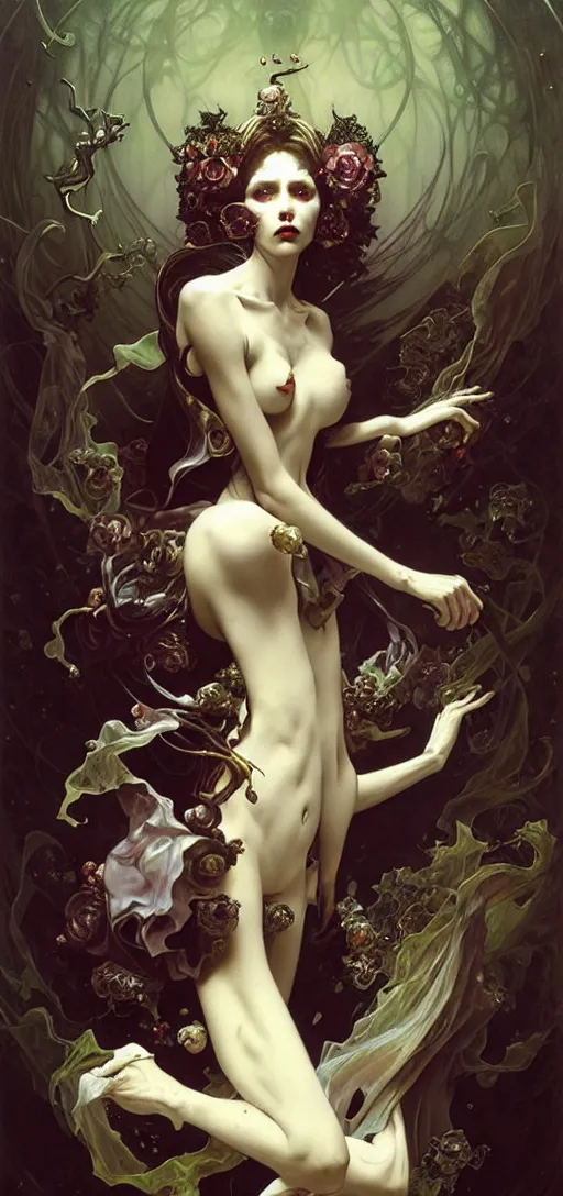 Image similar to baroque oil painting of full body vampire princess portrait, by nekro, peter mohrbacher, alphonse mucha, brian froud, yoshitaka amano, kim keever, victo ngai, james jean