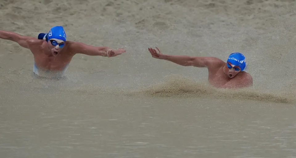 Image similar to olympic swimming in sand instead of water, extremely coherent, motion blur