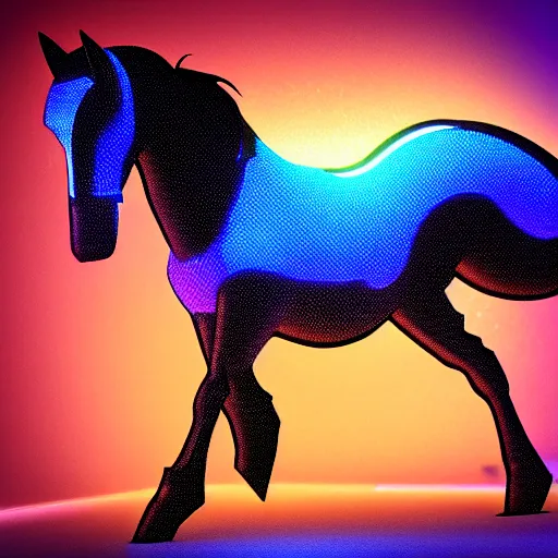 Image similar to A synthwave horse inspired by Tron. Trending on Artstation. Digital screenshot. Faded film grain. 1980s Computer Graphics.