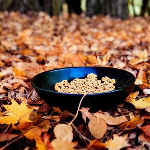 Prompt: a distant photo of a bowl of cereal on a forest floor in autumn while a shadowy man hides behind a tree