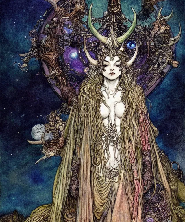 Image similar to A detailed horned many-multiplefaced-goddess stands among the cosmos. Wearing a ripped mantle-robe in cosmic texture. Blurred smudged faces, extremely high details, realistic, fantasy art, solo, masterpiece, colorful art by Arthur Rackham, Dariusz Zawadzki