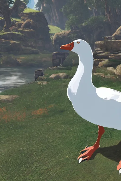 Image similar to in game footage of a white goose from the legend of zelda breath of the wild, breath of the wild art style.