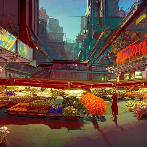 Prompt: detailed painting of a cyberpunk flower market with roman architecture and flying cars, artstation, syd mead, cinematic